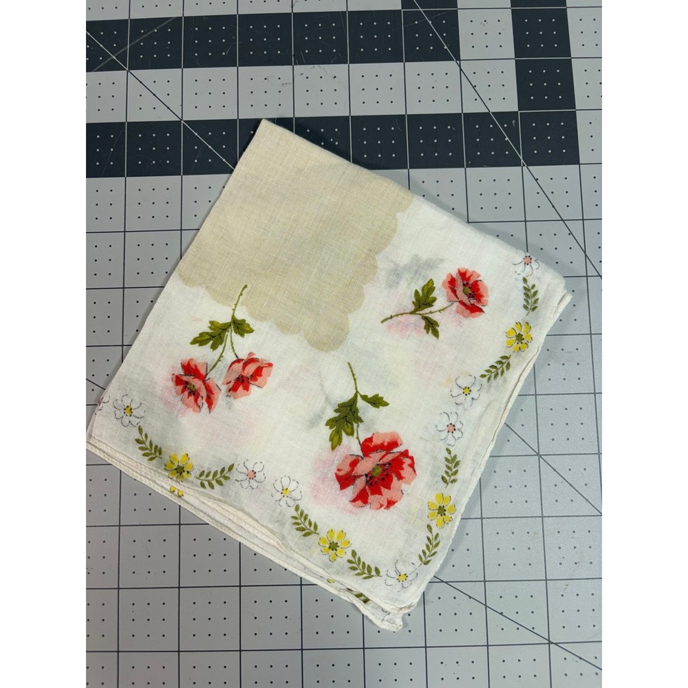 Vintage Floral Handkerchief Hankie Red Poppy Yellow Daisy White Scalloped Print
